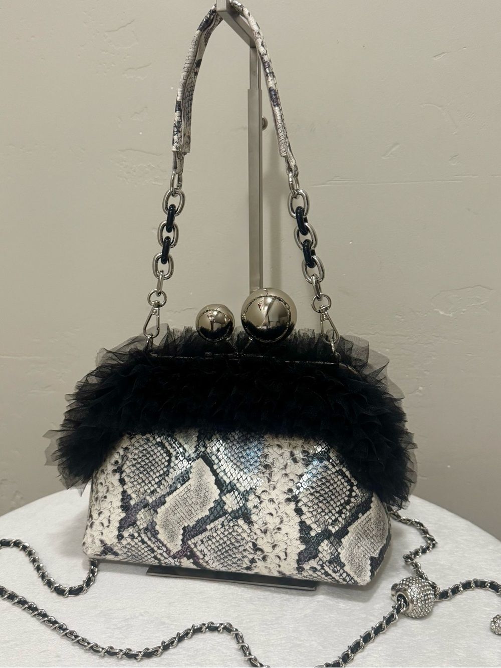 Iridescent Snakeskin Handmade “Super Ball” Kisslock Bag with Lace Ruffle Trim